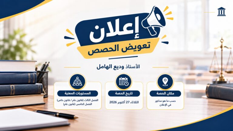 إعلان عن حصص تعويضية للأستاذ وديع الهامل لفائدة طلبة الفصلين الثالث والخامس بشعبتي القانون العام والقانون الخاص